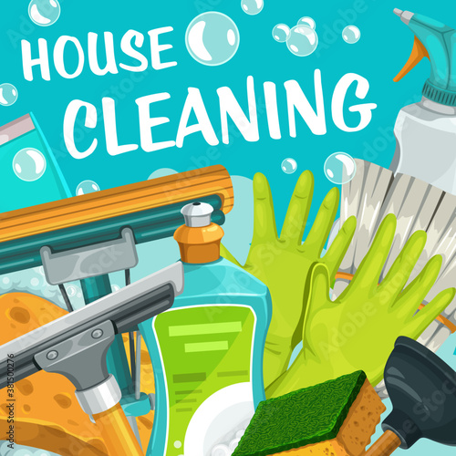 House cleaning service, clean home laundry and professional maid cleaner, vector detergents. House cleaning service and household spray, floor mop and broom, toilet plunger, soap bubbles and sponge