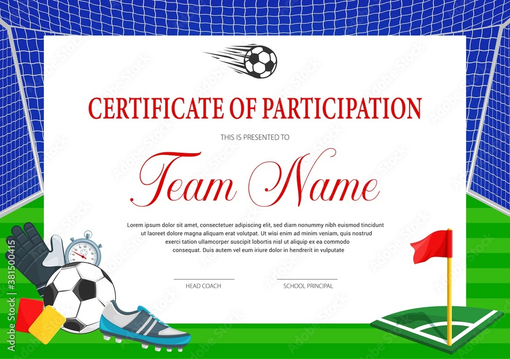 Certificate for soccer tournament participation. Football club diploma
