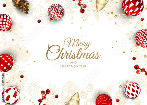 Merry Christmas and Happy New Year Holiday white banner illustration. Xmas design with realistic vector 3d objects, golden christmass ball, snowflake, glitter gold confetti.