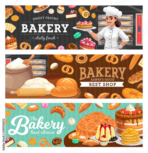 Bakery shop food and baker in toque carton vector. Woman in chef toque, female baker holding cake on plate, sweet pastry and bread, wheat flour and dough, rolling pin, stove. Confectionery banners