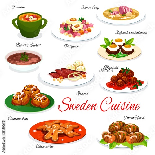 Sweden cuisine meals, scandinavian food dishes vector. Pea, salmon and beer soup, potato hasselback, pyttipanna and biff a la Lindstrom, gravlax, cinnamon buns and ginger cookies, kottbullar meatballs
