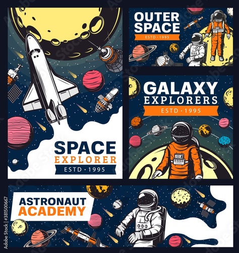 Astronaut academy, space and galaxy exploration with shuttles retro banners. Vector galaxy expedition, explore alien planet, satellites in outer space. Cosmos explorer, colonization mission, adventure