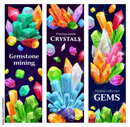 Crystal gems, gemstones cartoon vector banners with jewel, gem stones mining. Natural multicolored jewelry and magic crystals collection, semiprecious and precious geology rocks and minerals, treasure