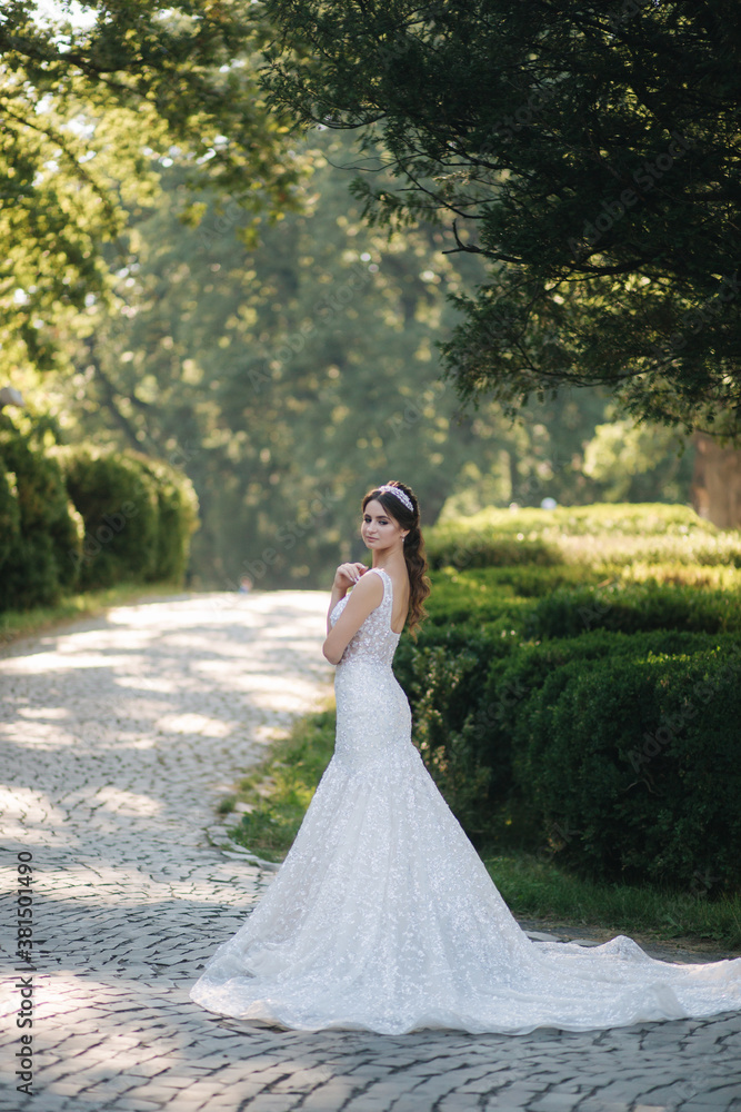 Gorgeous bride in luxury wedding dress with big dress train stand outdoors. Background of green tree