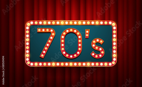 70's. text with electric bulbs frame on red background. Vector illustration