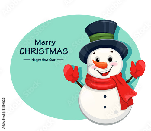Cute cheerful Christmas snowman cartoon character