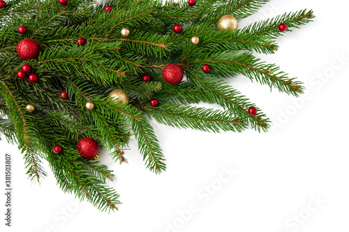 Christmas branch of a natural tree with red and gold balls on a white background close-up. Isolate