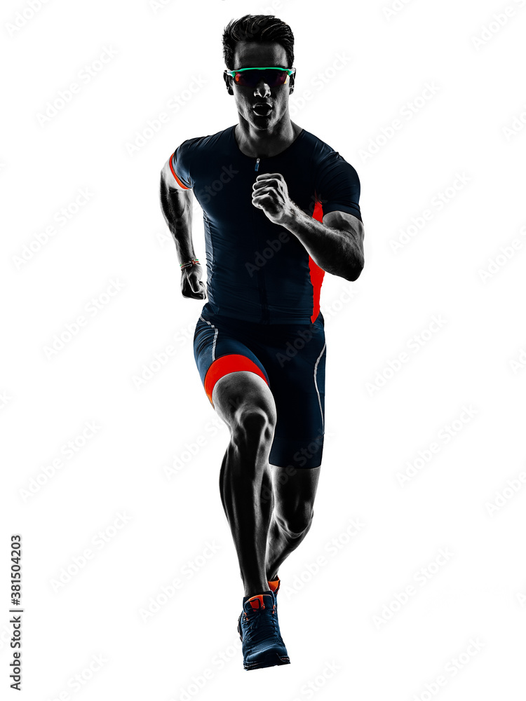 Obraz premium triathlete triathlon runner running in silhouette isolated on white background