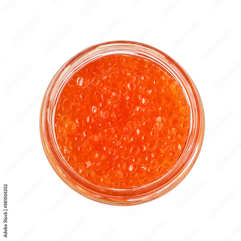 Red caviar in a glass jar isolated on white background with clipping pass. Top view Red caviar in a glass jar isolated on white background with clipping pass. Top view