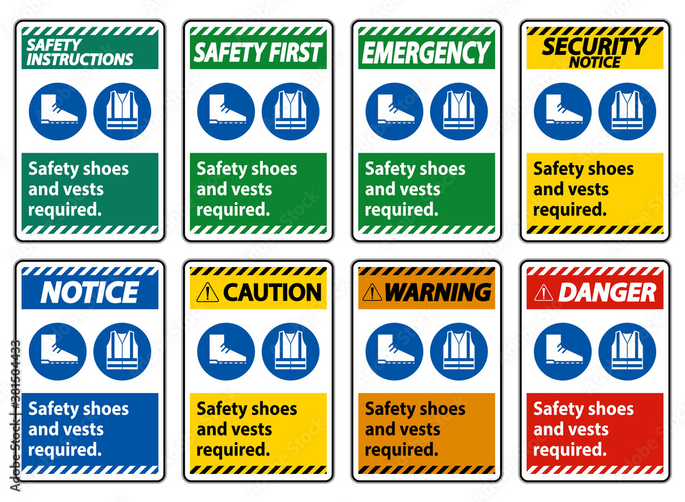 Safety Shoes And Vest Required With PPE Symbols on white background
