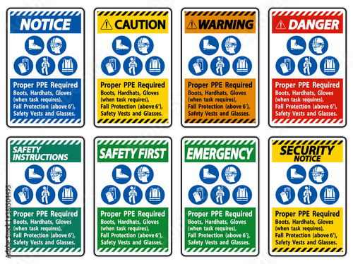Proper PPE Required Boots, Hardhats, Gloves When Task Requires Fall Protection With PPE Symbols
