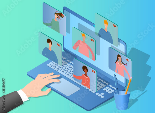 Online video conference.The concept of holding an online video conference.People use a laptop to communicate.Use of modern technologies for communication.Isometric vector illustration.