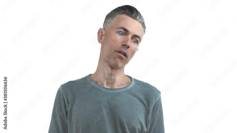 Annoyed and bothered handsome man with grey hair, making finger gun sign over head and shooting himself, rolling eyes irritated, standing bored over white background Annoyed and bothered handsome man with grey hair, making finger gun sign over head and shooting himself, rolling eyes irritated, standing bored over white background
