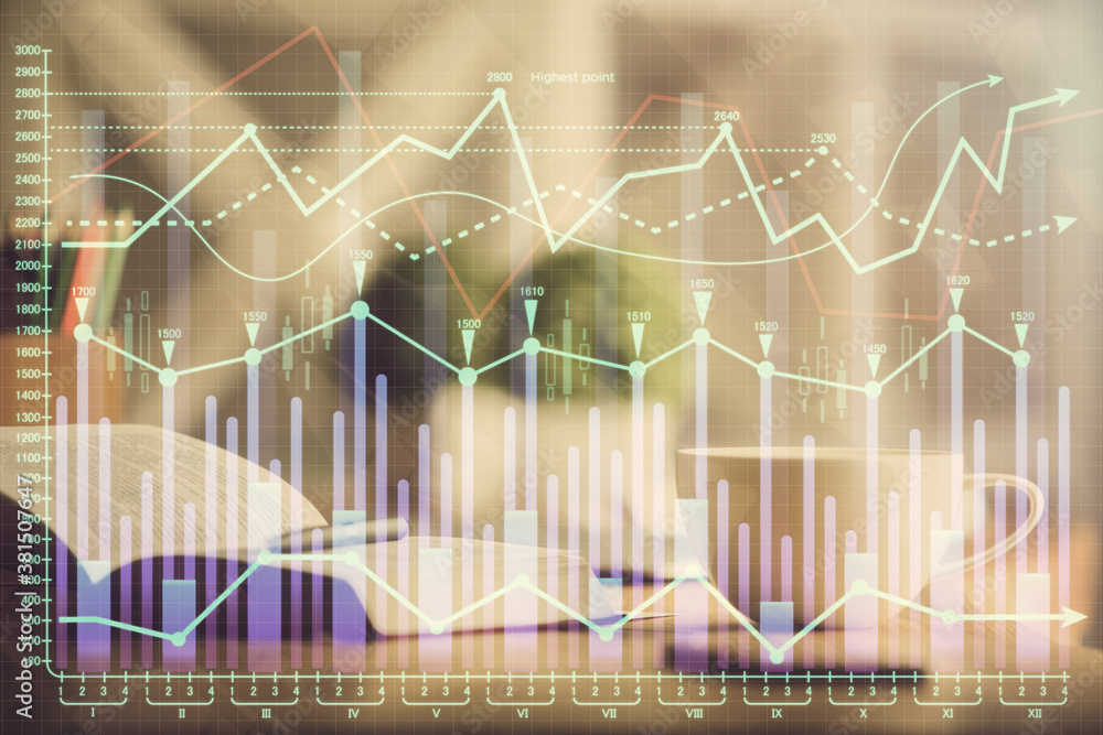 Multi exposure of forex graph drawing and desktop with coffee and items on table background. Concept of financial market trading Multi exposure of forex graph drawing and desktop with coffee and items on table background. Concept of financial market trading