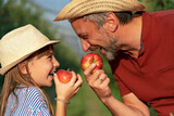 Father and Daughter Eating Apples in Sunny Orchard - Healthy Food Concept