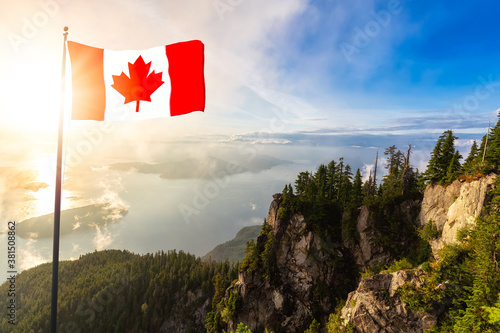 Canadian National Flag Composite. Beautiful View of Mountain Landscape during a colorful sunny sunset. Taken on St. Mark's Summit, West Vancouver, British Columbia, Canada.