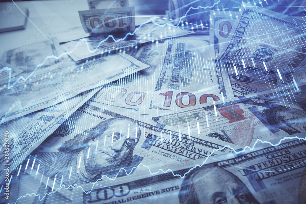 Fototapeta premium Multi exposure of forex chart drawing over us dollars bill background. Concept of financial success markets.