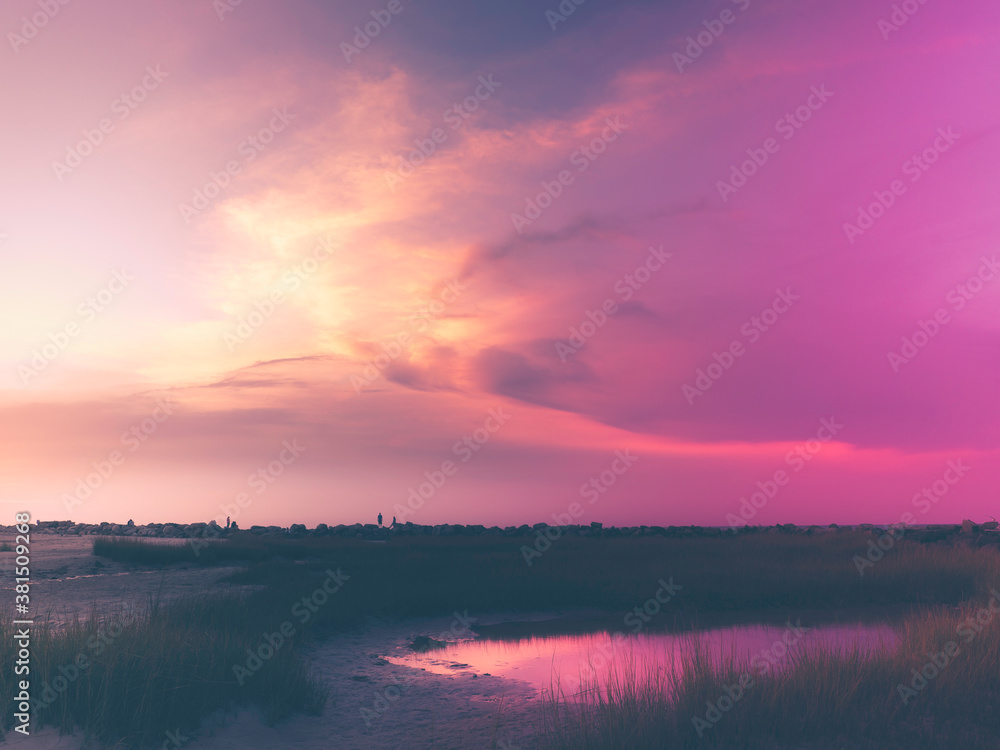 Vintage Style Cloudscape over the Marshland Pond at Twilight on Cape Cod