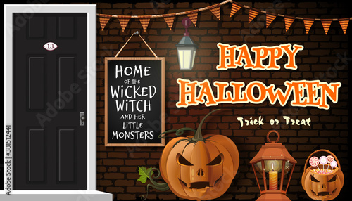 Halloween design. Home of the wicked witch and her little monsters. Brick house is decorated for the Halloween holiday. Vector illustration
