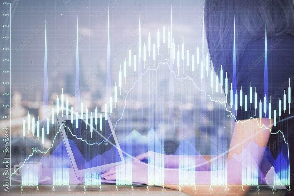 Double exposure of businesswoman hands typing on computer and forex chart hologram drawing. Financial analysis concept. Double exposure of businesswoman hands typing on computer and forex chart hologram drawing. Financial analysis concept.