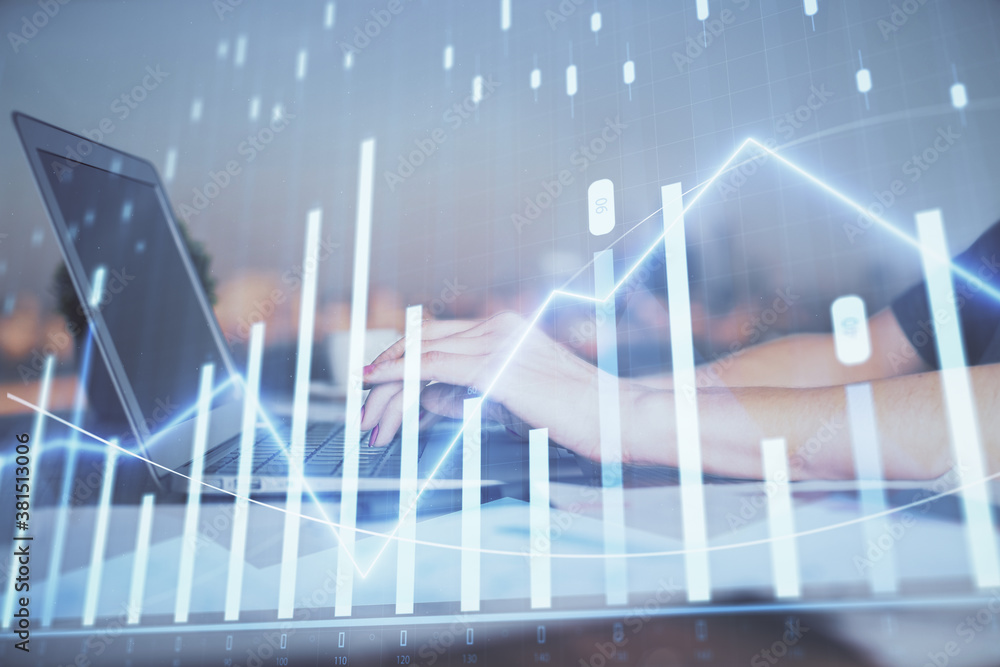 Double exposure of businesswoman hands typing on computer and forex chart hologram drawing. Financial analysis concept. Double exposure of businesswoman hands typing on computer and forex chart hologram drawing. Financial analysis concept.