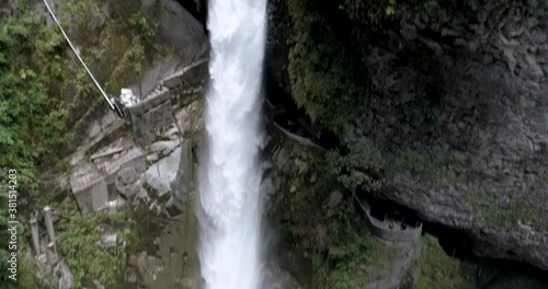Banos, Ecuador - September 24, 2018 - Drone Pivots to Follow Water of Pailon del Diablo Devil's Cauldron