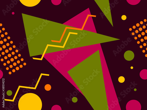 Geometric seamless pattern with triangles and dots. Memphis style. Retro fashion 80s background for wrapping paper, print, fabric and printing. Vector illustration