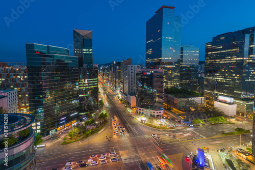 traffic twilight of downtown at gangnam sqare in seoul city south korea