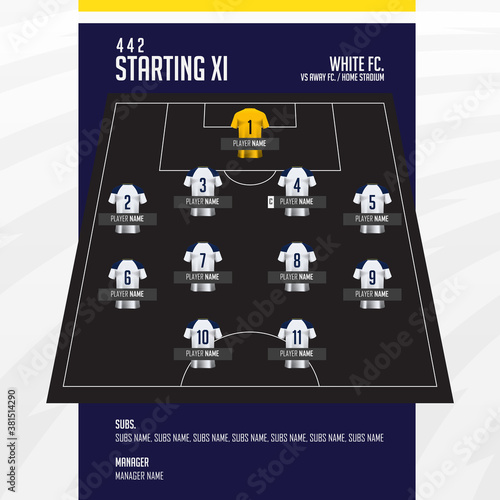 Football or soccer match lineups formation infographic. Set of football player position on soccer filed. Football kit or soccer jersey icon in flat design. Vector Illustration.