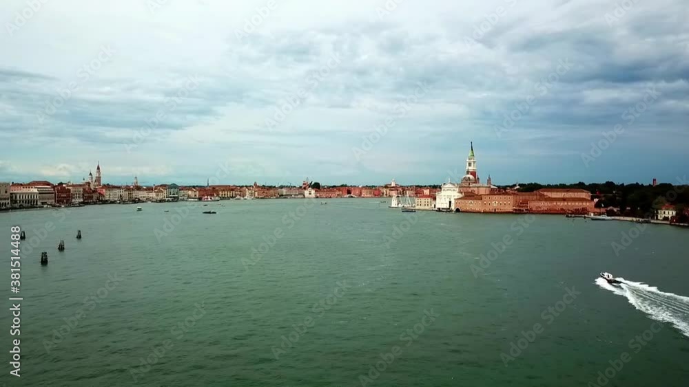Venice - Flight over Bacino San Marco and San Giorgio Maggiore church Italy Venice - Flight over Bacino San Marco and San Giorgio Maggiore church Italy