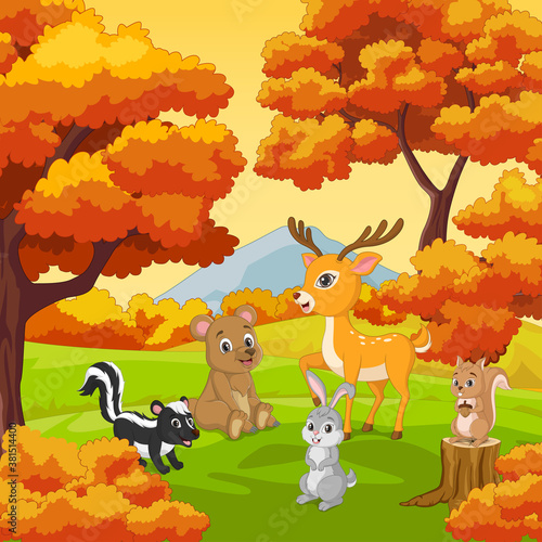 Cartoon happy animals with Autumn forest background