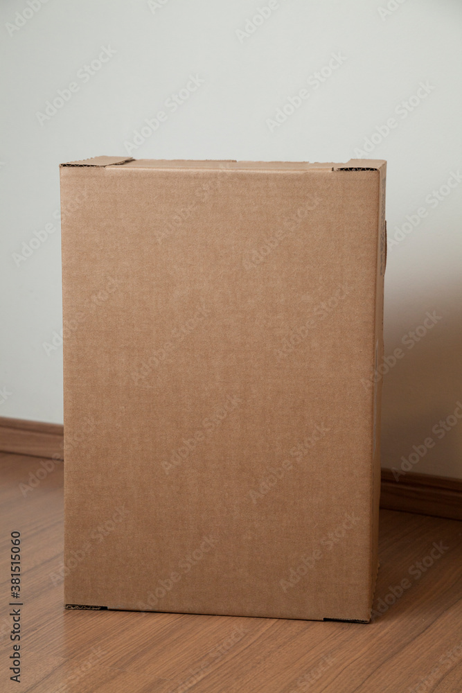 Cardboard box with order placed on the floor in an empty room with a neutral background. delivery concept. economy concept. business concept. shopping concept. copy space. Nobody Cardboard box with order placed on the floor in an empty room with a neutral background. delivery concept. economy concept. business concept. shopping concept. copy space. Nobody