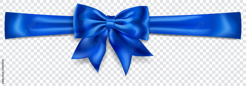 Beautiful blue bow with horizontal ribbon with shadow on transparent