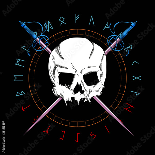 Vector illustration of a skull with two swords on a circle with runic alphabet. Pirate symbol for t-shirts and posters.