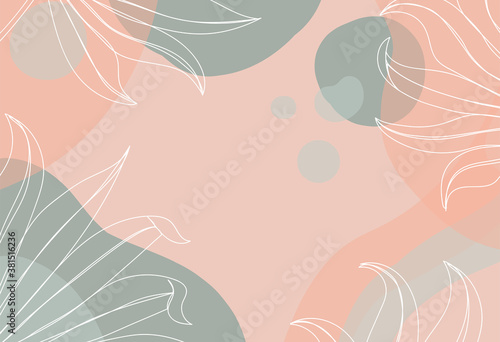 Tropical leaves in a hand drawn linear style on colorful background.
