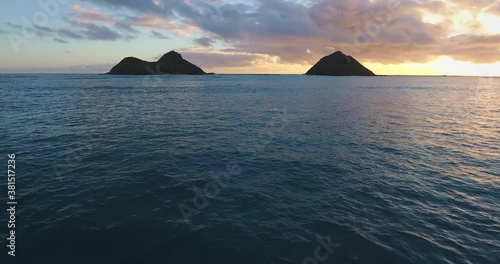 Pair of islands at sunset in Hawaii, wide aerial photo