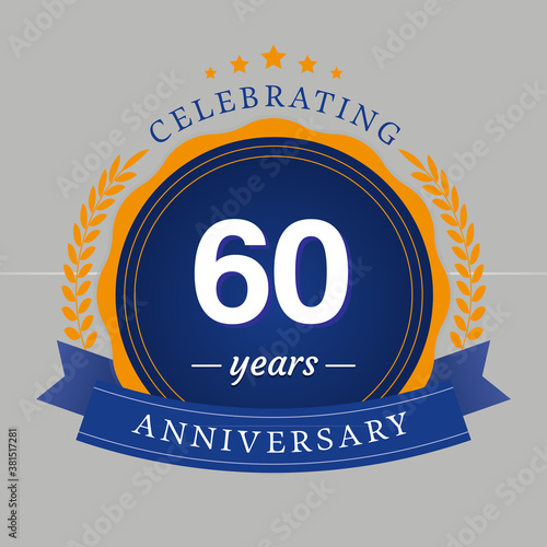 60 years anniversary logo with blue circle frame and blue ribbon