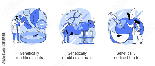 DNA engineering industry abstract concept vector illustration set. Genetically modified plants, animals and foods, gmo farming, transgenic crops, biotech product, nutrition safety abstract metaphor.