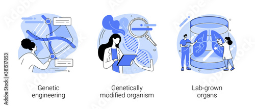Bioengineering abstract concept vector illustration set. Genetic engineering, genetically modified organism, lab-grown organs, dna manipulation, stem cells, transplantation abstract metaphor.