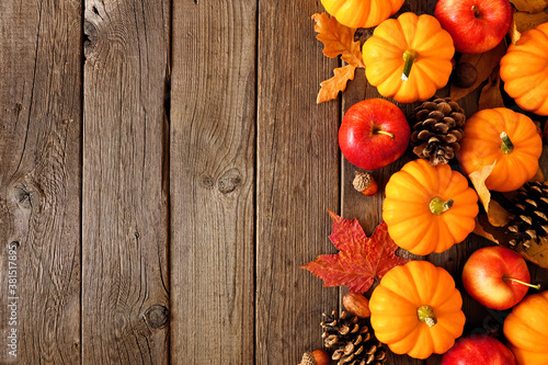 Fall side border with pumpkins, leaves and apples. Above view on a rustic dark wood background with copy space.