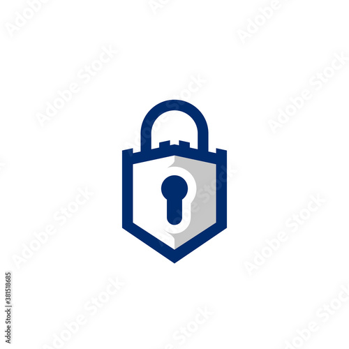 Padlock in shield and castle shape logo icon symbol of safety guard secure and protection