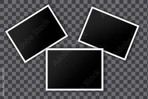 Old footage. Collage of three photos. Black shots with white frames. Vector illustration. Stock image.