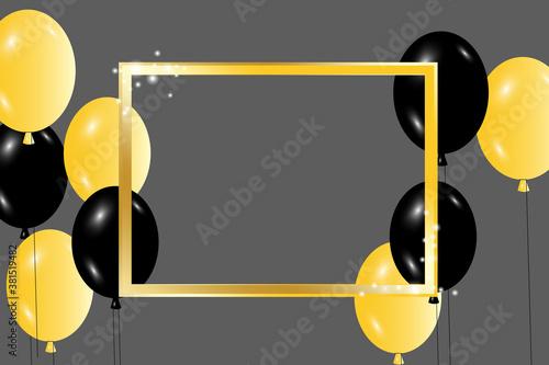 Gold frame for birthday. Gray background black balloons. Vector illustration. Stock image.