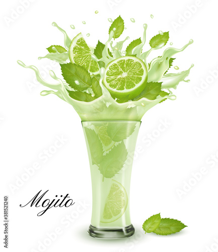 Fresh fruit drink splash. Whole and sliced lime and green mint  in a fresh mojito cocktail with splashes and drops isolated on transparent background. 3D. Vector.