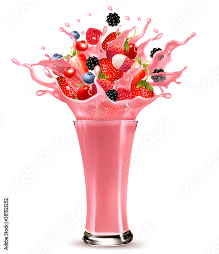 Pink berry juice splash. Whole and sliced strawberry, raspberry, cherry, blueberry and blackberry in a sweet juce or cocktail with splashes and drops isolated on transparent background. 3D. Vector.