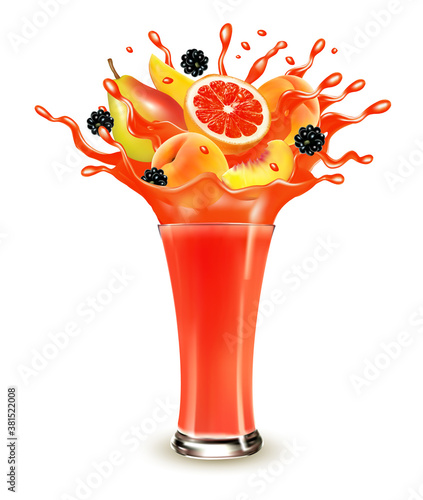 Red berry juice splash. Whole and sliced blackberry, cherry, peach, pear and grapefruit in a sweet juce or cocktail with splashes and drops isolated on transparent background. 3D. Vector.