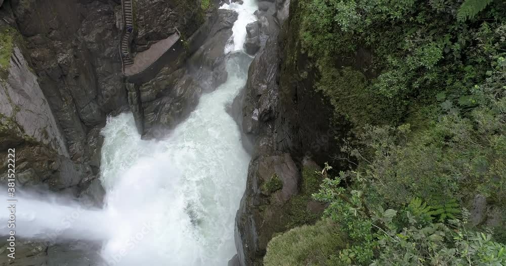 Banos, Ecuador - September 24, 2018 - Drone Pivot Bottom to Stairs of Pailon del Diablo Devil's Cauldron Banos, Ecuador - September 24, 2018 - Drone Pivot Bottom to Stairs of Pailon del Diablo Devil's Cauldron