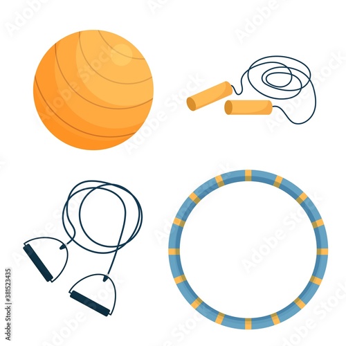 Set workout, training objects fitness ball, expander, skipping rope and hula hoop isolated on white background. Equipment for wellness and healthy lifestyle