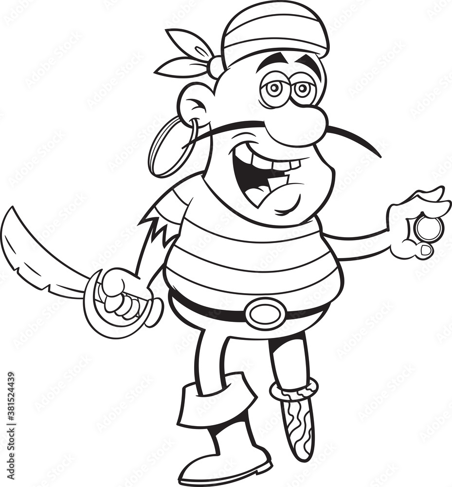 Black and white illustration of a smiling pirate holding a cutlass and ...