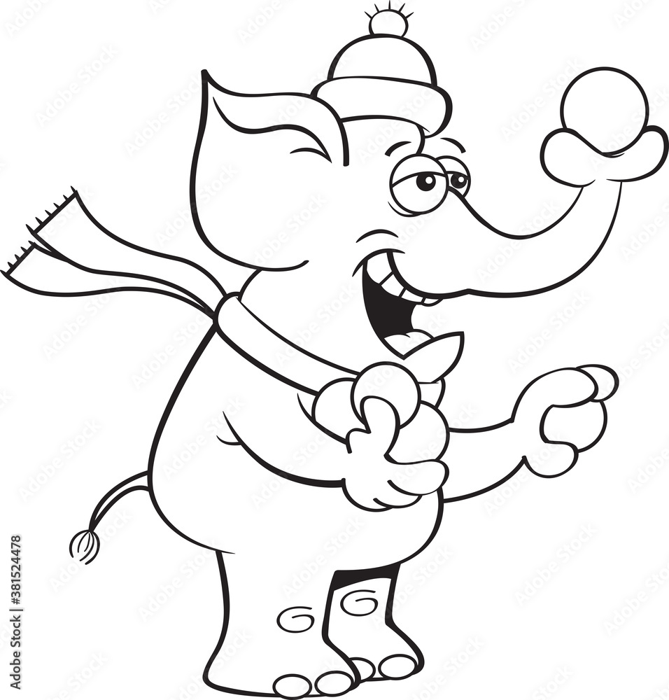 Black and white illustration of an elephant throwing snowballs with it's trunk. Black and white illustration of an elephant throwing snowballs with it's trunk.